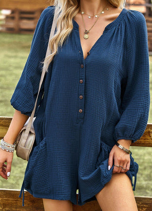 Textured Notched Neck Romper with Pockets - GypsyHeart