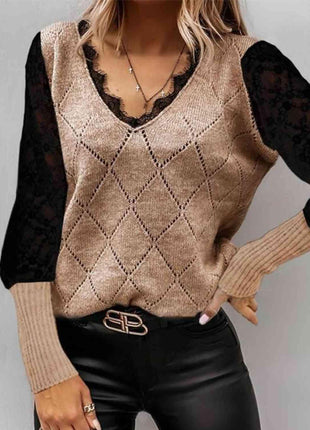 Lace Decor V Neck Two Tone Sweater - GypsyHeart