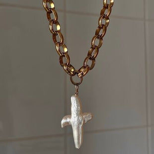 Freshwater Pearl Brass Cross Pendant Necklace