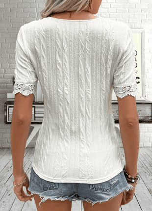Buttoned V-Neck Lace Trim T-Shirt - GypsyHeart