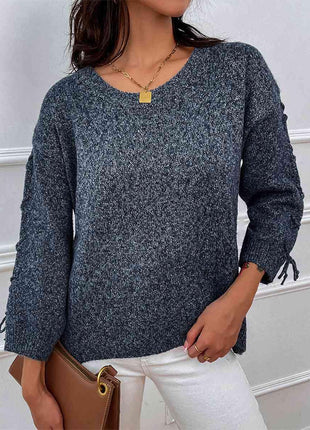Lace-Up Long Sleeve Round Neck Sweater - GypsyHeart