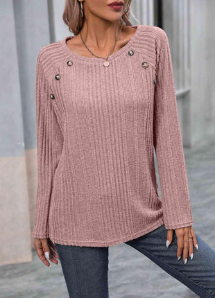 Ribbed Buttoned Round Neck Long Sleeve T-Shirt - GypsyHeart