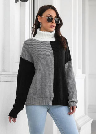 Contrast Block Turtleneck Long Sleeve Sweater