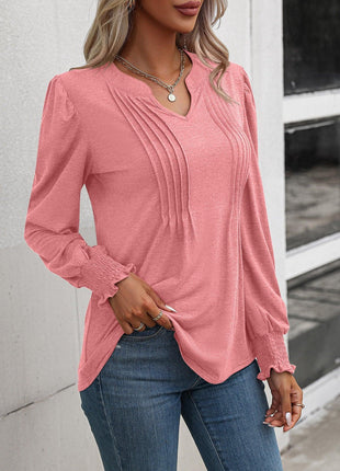 Ruched Notched Neck Puff Sleeve Smocked Wrist Blouse - GypsyHeart