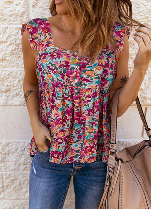 Floral Buttoned Square Neck Ruffled Tank - GypsyHeart