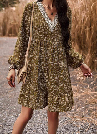 Lace Trim V-Neck Long Sleeve Dress - GypsyHeart