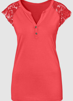 Lace Detail Notched Cap Sleeve T-Shirt
