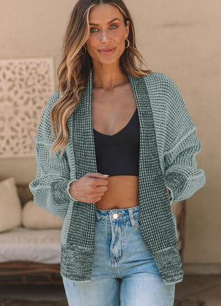 Waffle-knit Pocketed Open Front Cardigan
