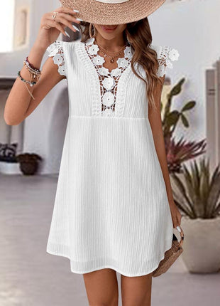 V-Neck With Unique Lace Detail Cap Sleeve Dress - GypsyHeart