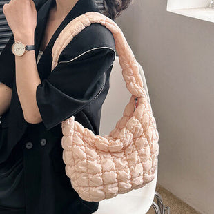 Quilted Pleated Plaid Shoulder Bag with Zipper
