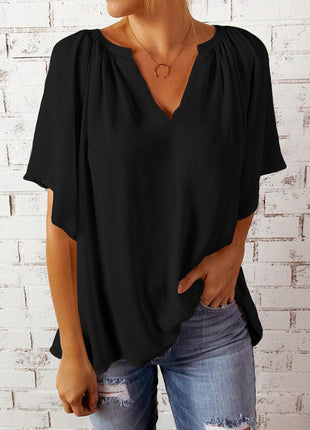 Gathered Detail Notched Neck Flutter Sleeve Top - GypsyHeart