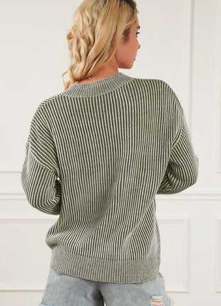 Striped Mock Neck Dropped Shoulder Sweater