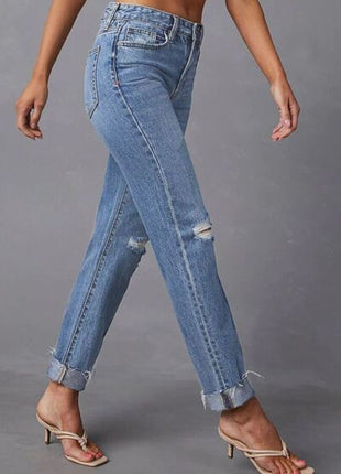 Distressed Raw Hem Straight Jeans with Pockets
