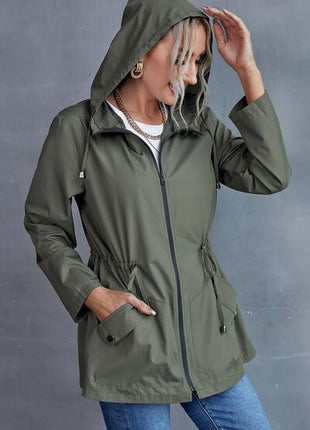Drawstring Zip Up Hooded Trench Coat