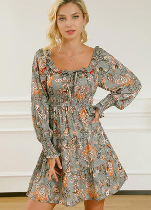 Printed Smocked Lantern Sleeve Tiered Dress - GypsyHeart