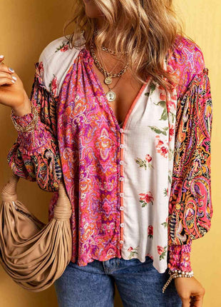 Multicolor Floral Notched Neck Lantern Long Sleeve Blouse - GypsyHeart