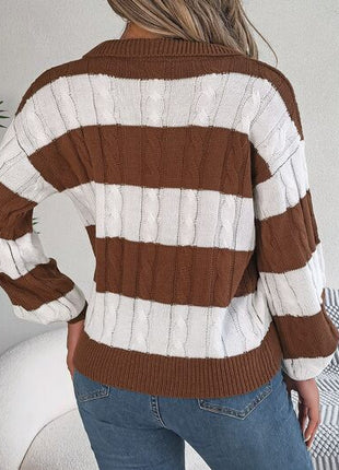 Cable-Knit Striped Long Sleeve Sweater