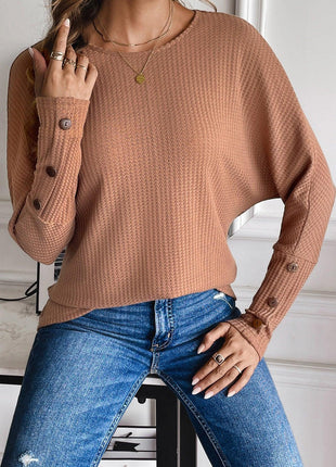 Waffle-Knit Round Neck Top Button Detail Sleeve - GypsyHeart