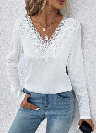Waffle-Knit Lace Detail V-Neck Long Sleeve Top