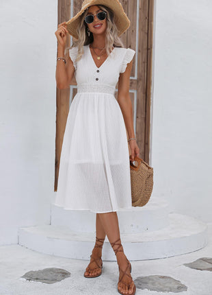 Decorative Button V-Neck Butterfly Sleeve Dress - Gorgeous Summer Dress - GypsyHeart