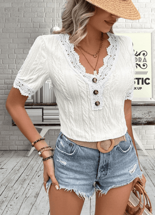 Buttoned V-Neck Lace Trim T-Shirt - GypsyHeart