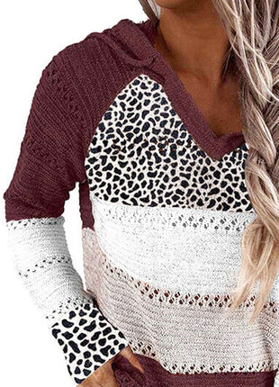 Openwork Leopard Drawstring Hooded Sweater