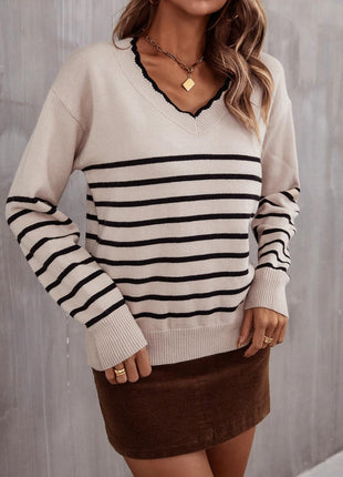 Striped V-Neck Drop Shoulder Sweater - GypsyHeart
