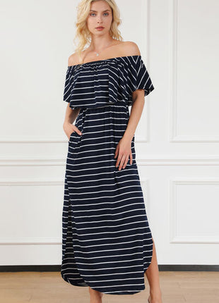 Striped Off-Shoulder Slit Dress