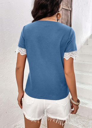 Decorative Button Spliced Lace Short Sleeve Top - GypsyHeart