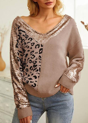 Leopard Sequin V-Neck Long Sleeve Sweater - GypsyHeart