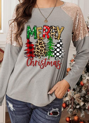 MERRY CHRISTMAS Sequin Round Neck Blouse