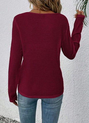 Waffle-Knit Lace Detail V-Neck Long Sleeve Top