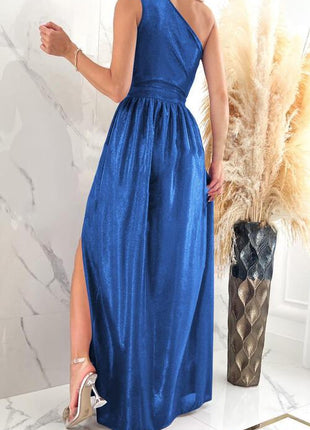 One Shoulder Slit Ruched Maxi Dress - GypsyHeart