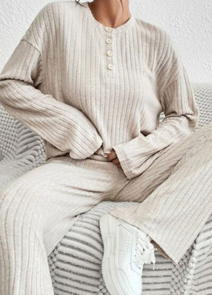 Ribbed Half Button Knit Top and Pants Set