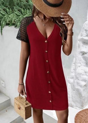 Buttoned V-Neck Raglan Sleeve Dress - GypsyHeart