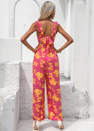 Floral Square Neck Cutout Tie Back Jumpsuit - GypsyHeart