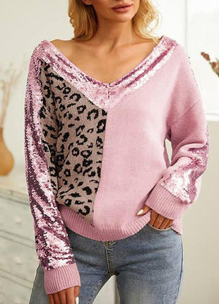 Leopard Sequin V-Neck Long Sleeve Sweater - GypsyHeart