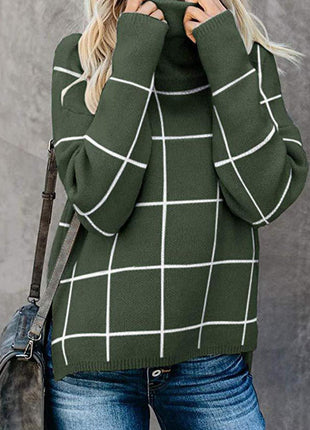 Plaid Turtleneck Drop Shoulder Sweater - GypsyHeart