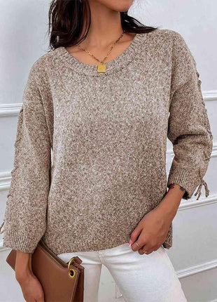 Lace-Up Long Sleeve Round Neck Sweater - GypsyHeart