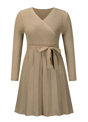 Surplice Neck Tie Front Pleated Sweater Dress - GypsyHeart