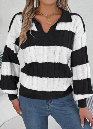 Cable-Knit Striped Long Sleeve Sweater