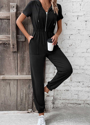 Zip-Up Short Sleeve Hooded Jumpsuit with Pockets - GypsyHeart