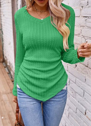Textured Ruched V-Neck Long Sleeve T-Shirt