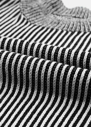 Striped Mock Neck Dropped Shoulder Sweater