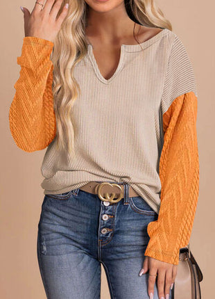 Contrast Notched Long Sleeve Blouse
